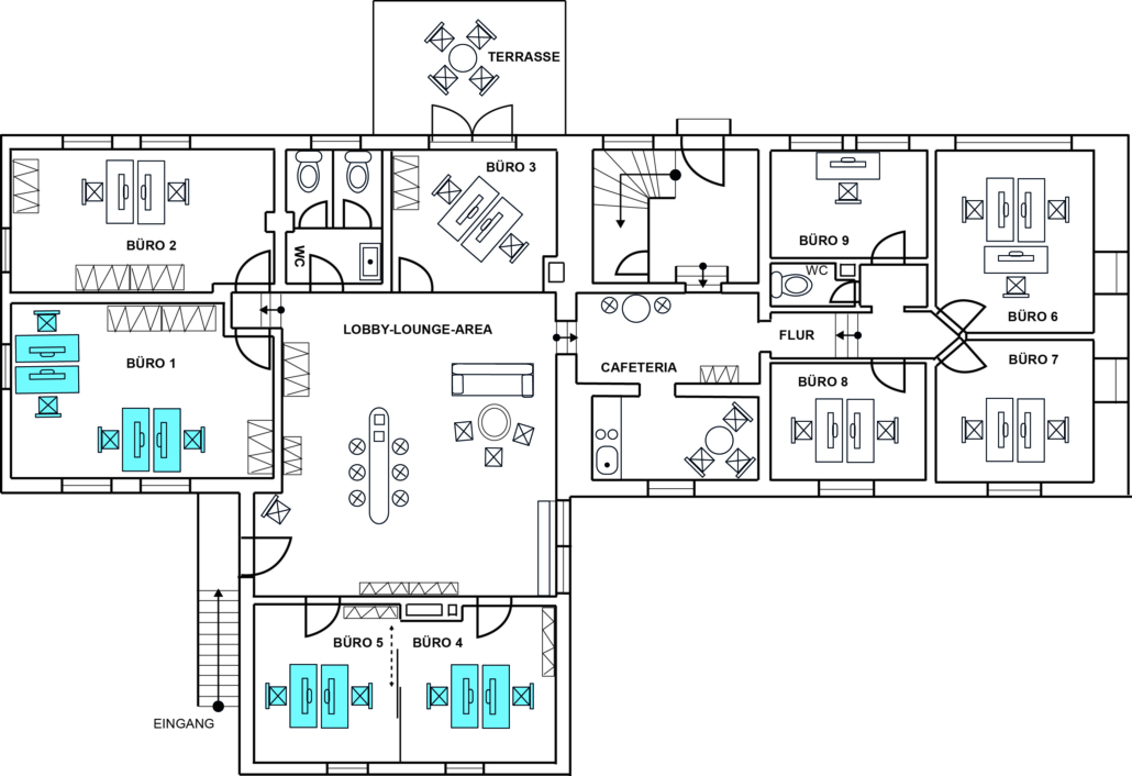 Grundrissplan der Ergeschosses mit hellblau markierten Einzelplätzen
